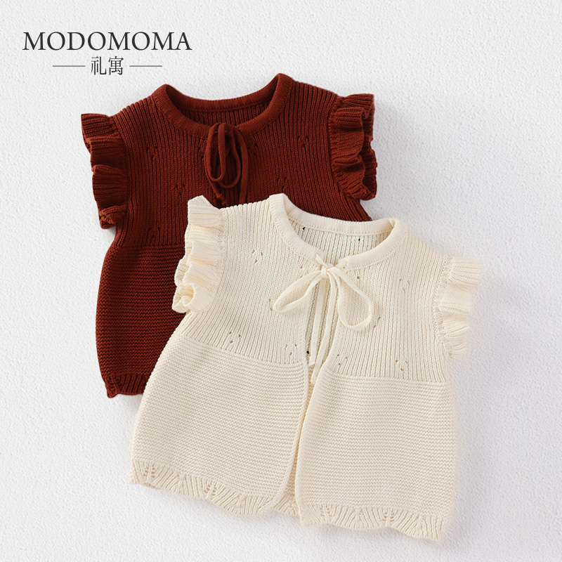 modomoma女童衣服婴幼儿春装公主女宝洋气针织飞袖棉线背心马甲