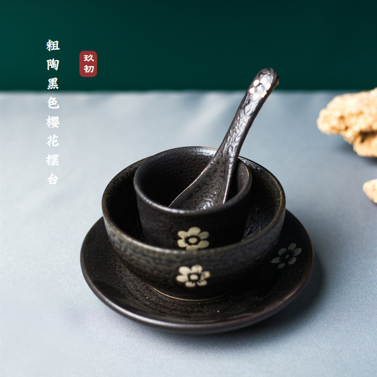 日式陶瓷餐具摆台四件套商用个性酒店餐厅黑色复古粗陶碗盘碟套装