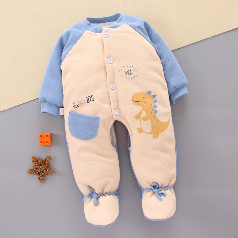 婴儿连体衣6新生儿带脚纯棉加厚0-3个月包脚宝宝秋冬衣服连脚棉衣