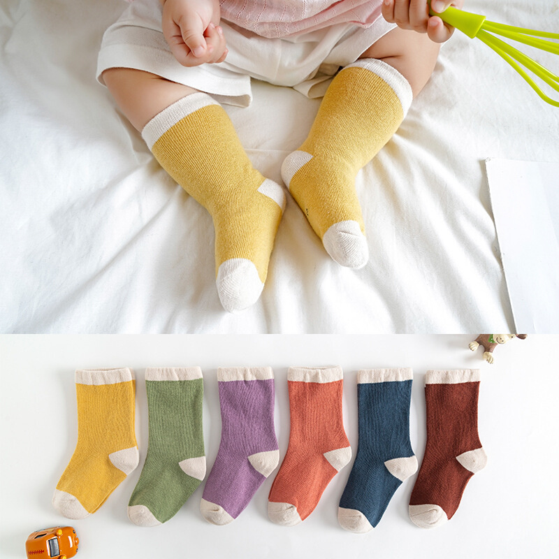 宝宝袜春款拼色卷边透气婴儿袜中筒棉袜0-4岁新生儿袜可爱儿童袜