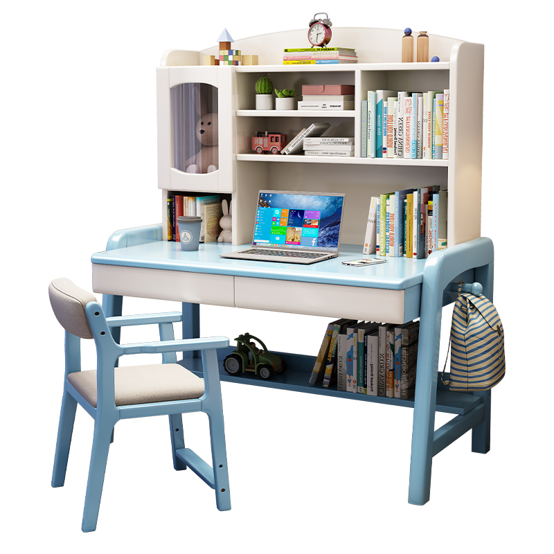 儿童实木书桌书柜一体学生家用升降学习桌书架组合卧室写字桌椅子