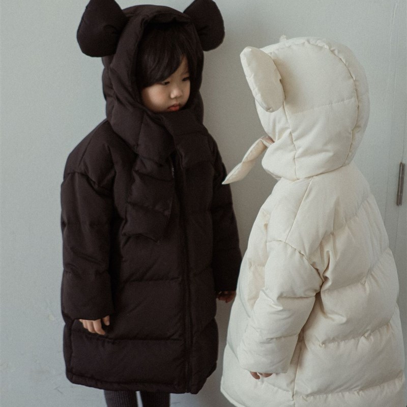 速发韩国童装冬季儿童90白鸭绒羽绒服男女童宝宝中长版可爱连帽羽