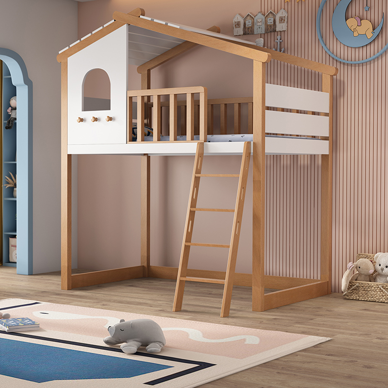 榉木树屋床儿童床实木上下床多功能带滑梯高低双层床男孩子母床