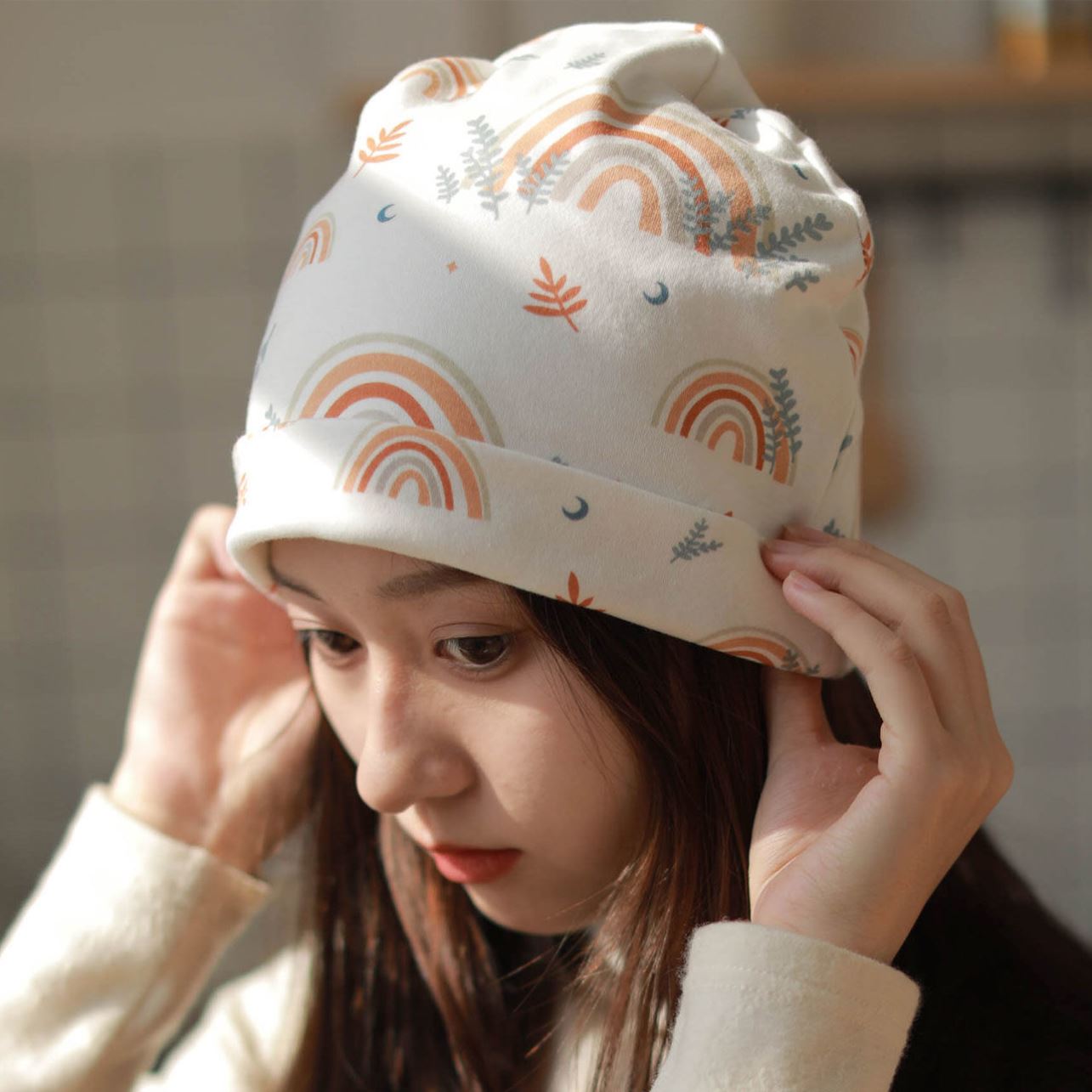 时尚产妇月子帽洋气款春秋月子帽子睡觉可带二三月份防风发带