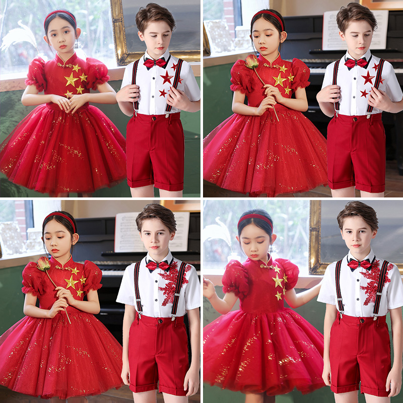 六一儿童大合唱团演出服小学生爱国朗诵表演服装唱红歌蓬蓬裙套装