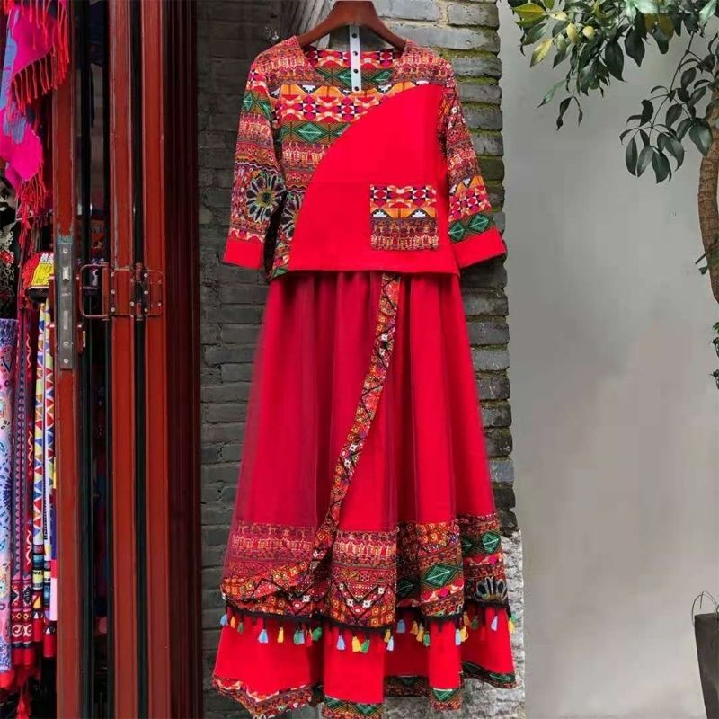 中国风女装春秋丽江云南服装女民族风棉麻两件套红色舞蹈套装裙子