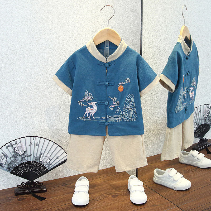 汉服童装夏季复古装薄款两件套男童中国风小童棉麻儿童唐装夏套装