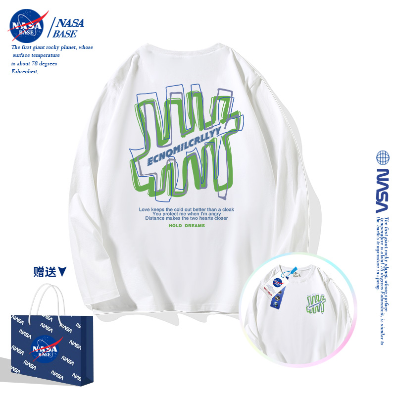 NASA男童白色t恤长袖2024新款薄款潮牌儿童女童装纯棉打底衫上衣