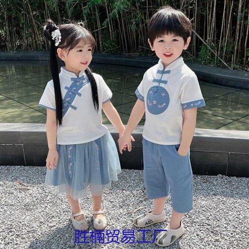 儿童汉服夏装男童薄款唐装中国风套装宝宝夏季女童古装棉麻两件套