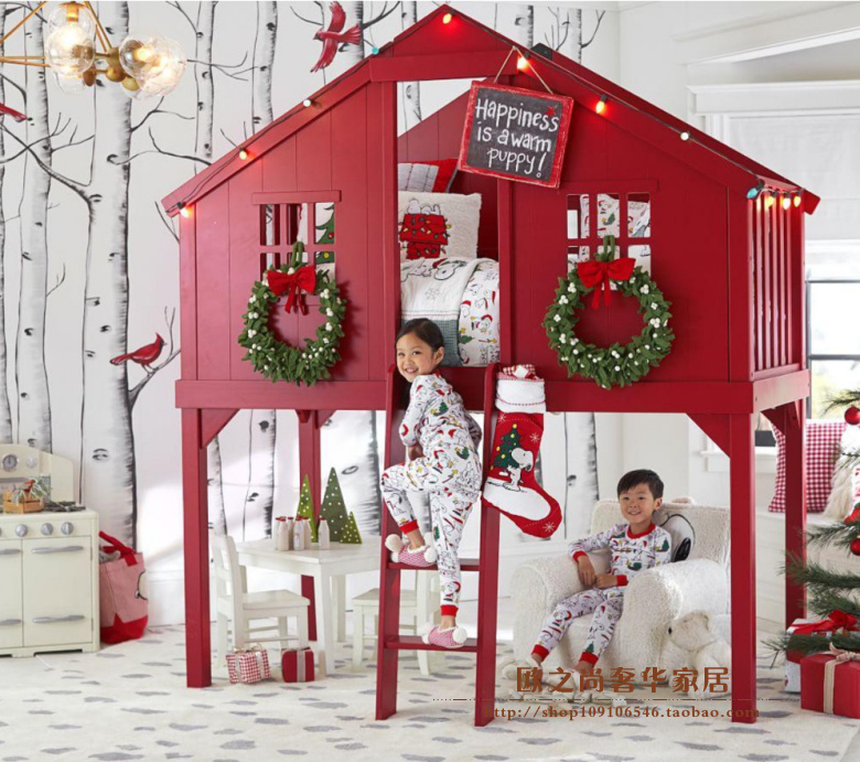 儿童实木高架床创意造型圣诞红风格男孩女孩高护栏高低房子造型