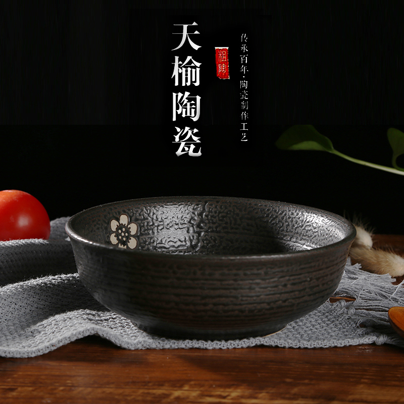 农家乐8寸9寸10寸粗陶碗汤碗黑色水钵碗日韩式陶瓷碗面碗发邮