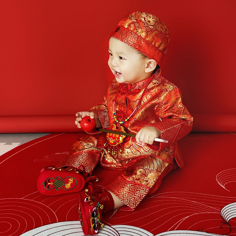 男宝宝周岁唐装礼服中式冠衣婴儿一岁生日喜庆抓周中国风汉服男童