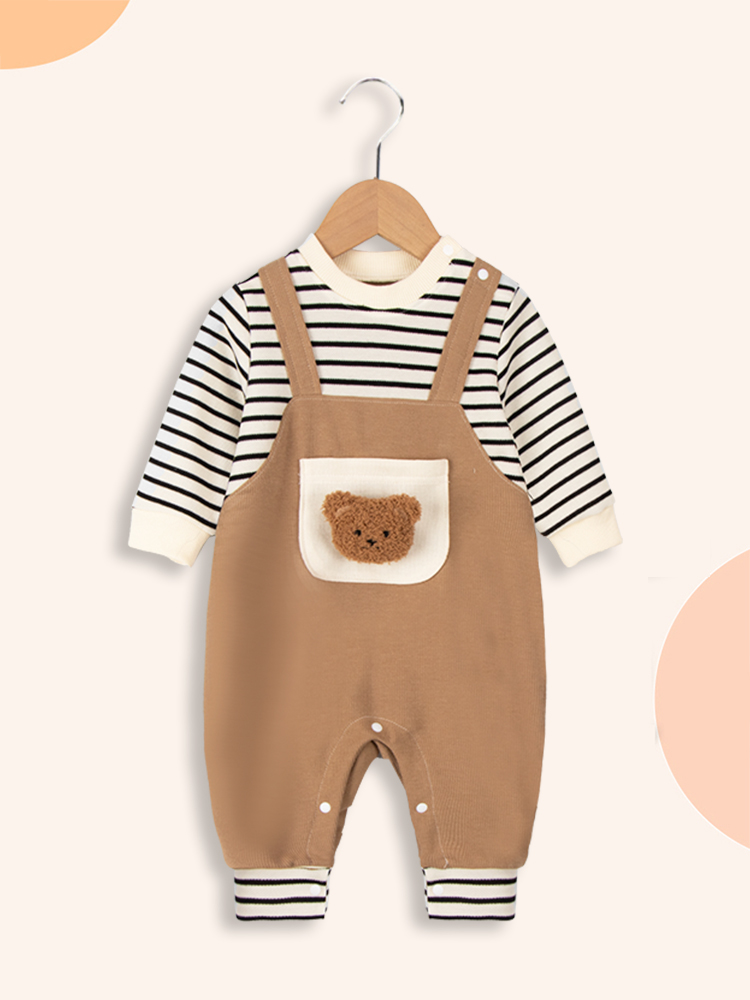 婴儿衣服秋季男宝宝可爱超萌外出0-12个月新生儿假两件背带连体衣