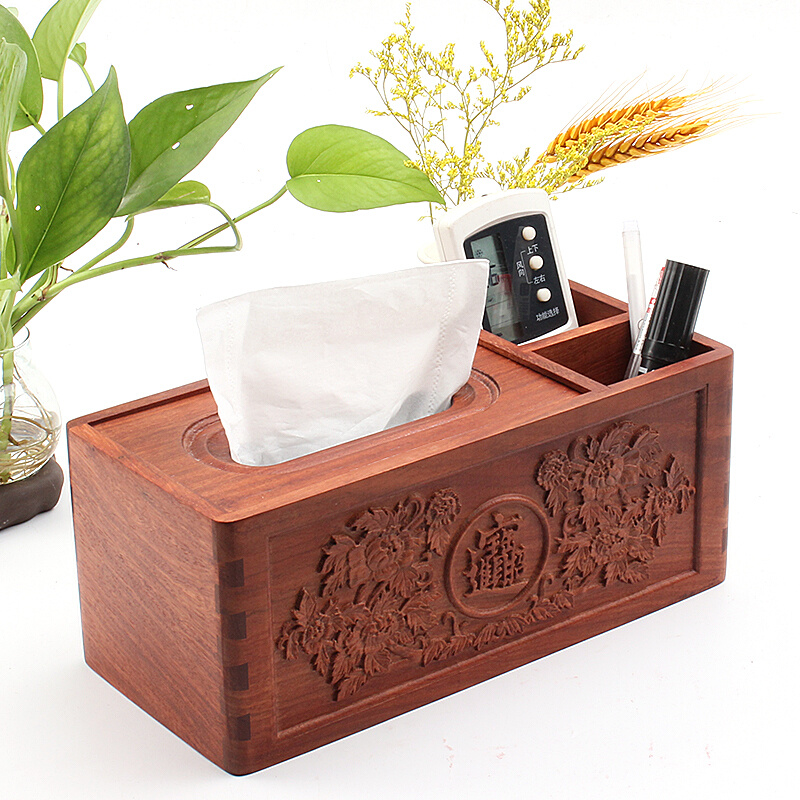 缅甸花梨木多功能纸巾盒实木客厅餐厅桌面收纳遥控器古典家居木质