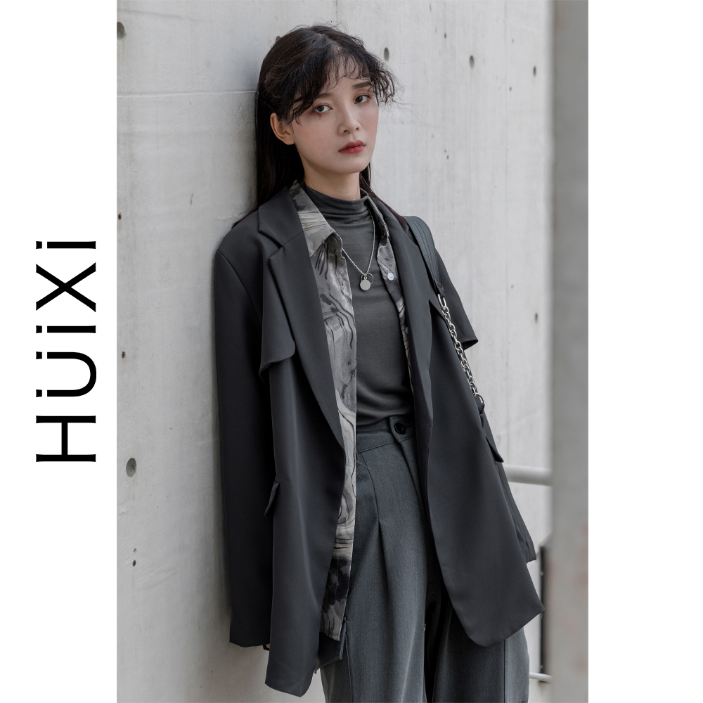 「HUIXI」插扣收腰西装外套2020年新款秋冬百搭韩版宽松上衣女