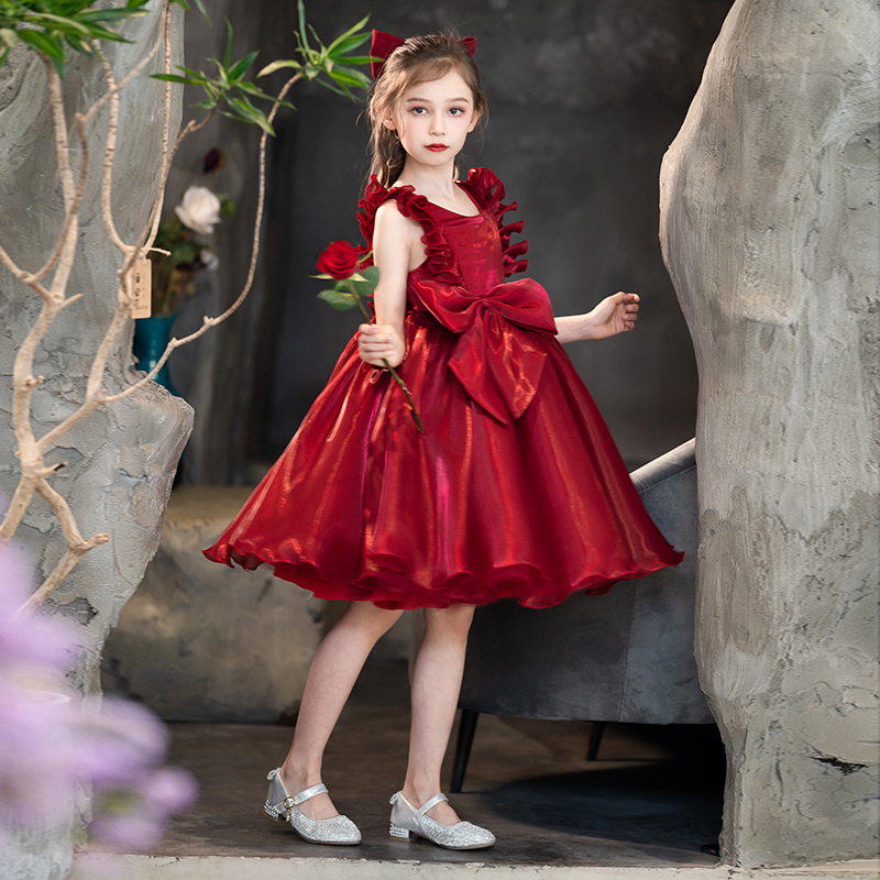 小钢琴演出服演童红色高端儿童礼服女夏花童公主裙蓬蓬纱主持人表