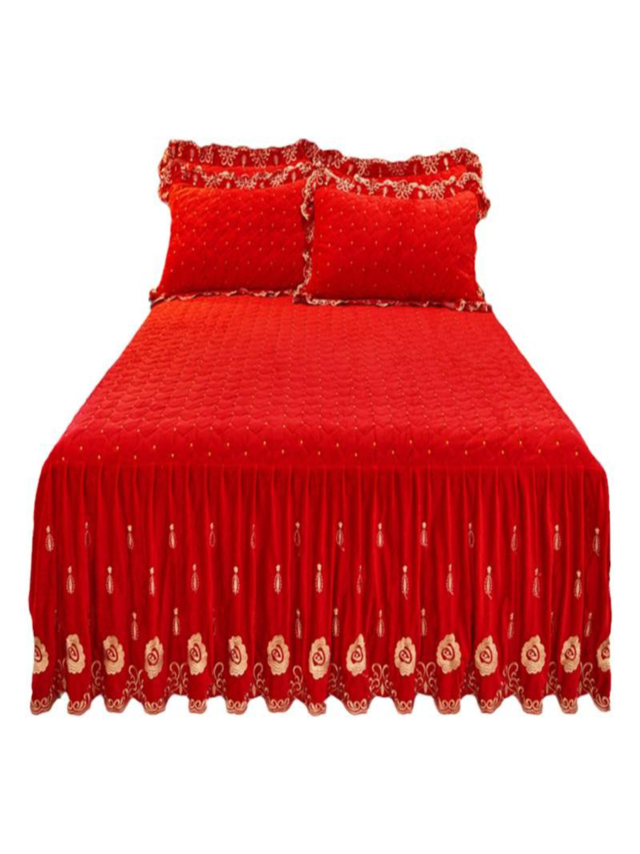 大红色防滑绒加厚床裙单件珊瑚绒冬季床罩公主风三件套牛奶婴儿绒