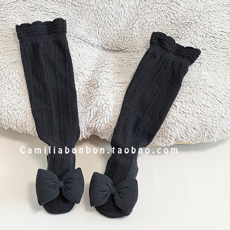 韩版婴儿长筒袜春夏薄款0-3-6个月女宝宝超萌可爱黑色网眼中筒袜