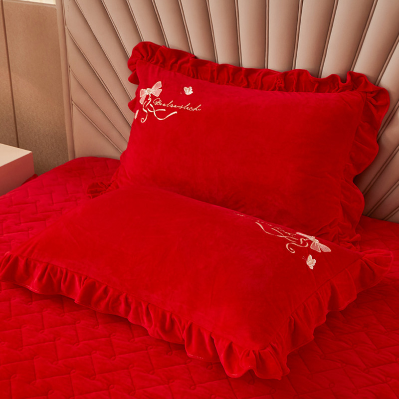 加厚保暖宝宝绒床裙三件套夹棉加绒婴儿珊瑚绒结婚红色床套罩单件