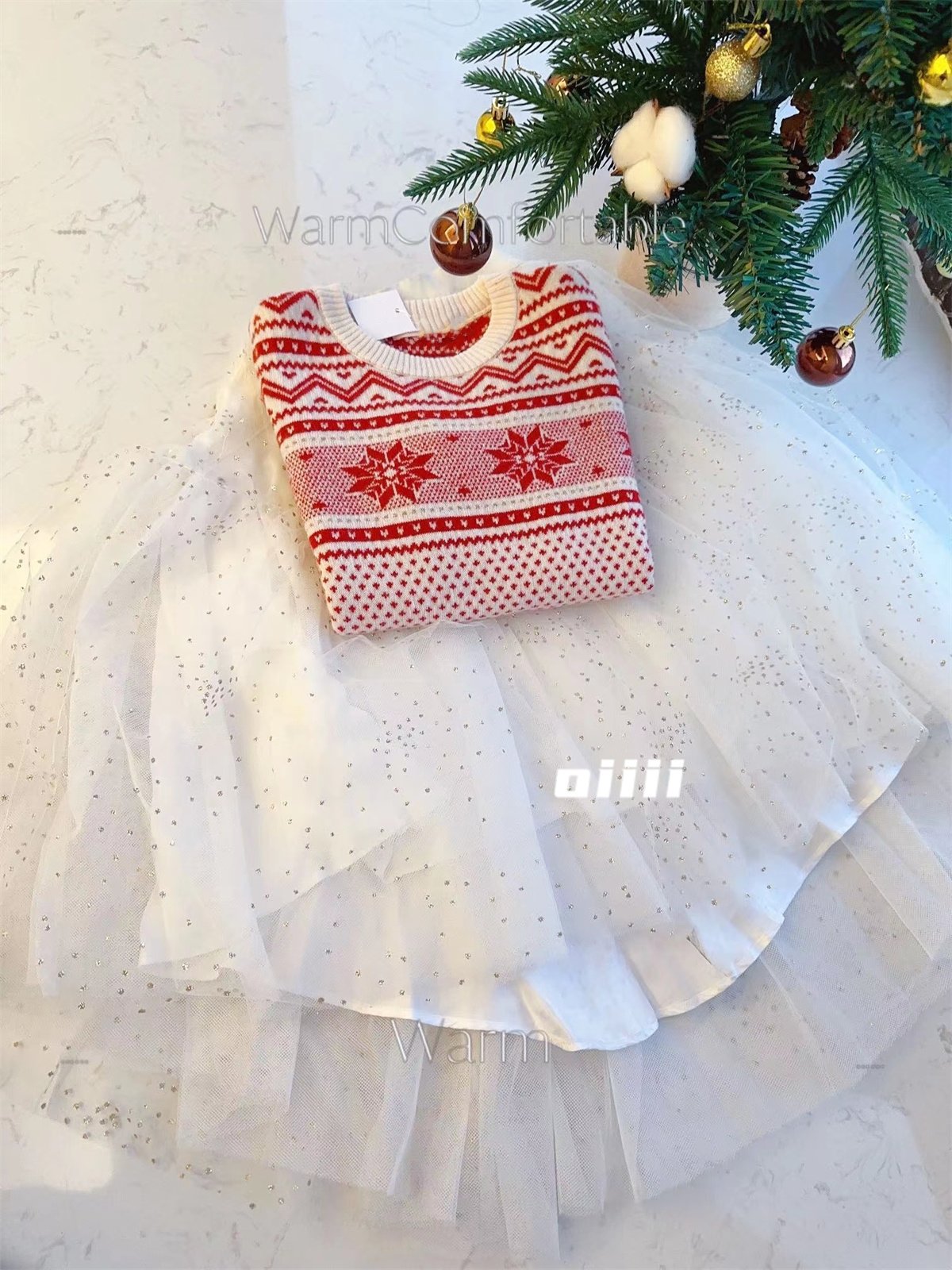 oiiii 节日红色 山羊绒浪漫雪花 女儿童冬季保暖 新年圣诞节毛衣