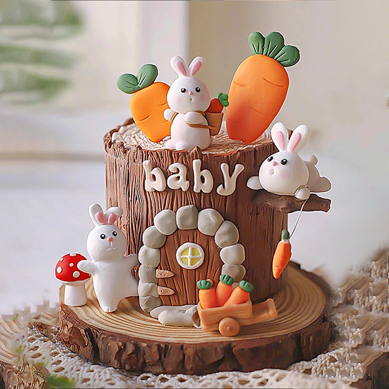 田园风可爱小兔子生日蛋糕兔宝宝周岁满月软陶胡萝卜蘑菇小车插件