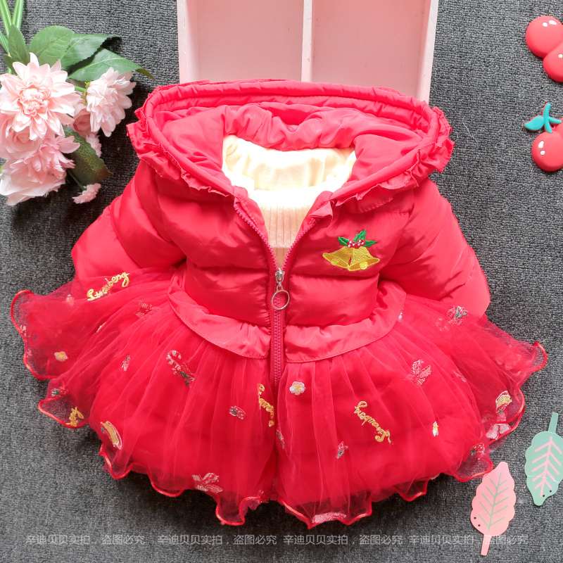 女童棉袄2023韩版新款可爱宝宝圣诞蕾丝裙式棉服儿童冬季加厚棉衣