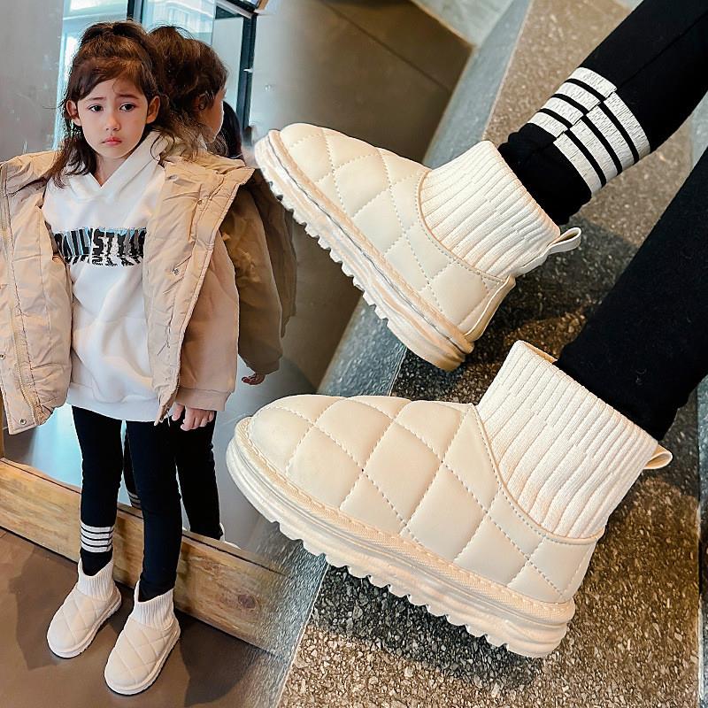 新品女童时尚洋气鞋子加绒短靴女款冬季皮面儿童面包鞋白色低帮雪