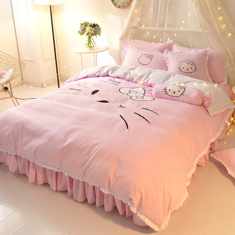 全棉床单被套儿h童卡通纯棉四件套女孩粉色公主风床裙三件套1.5米