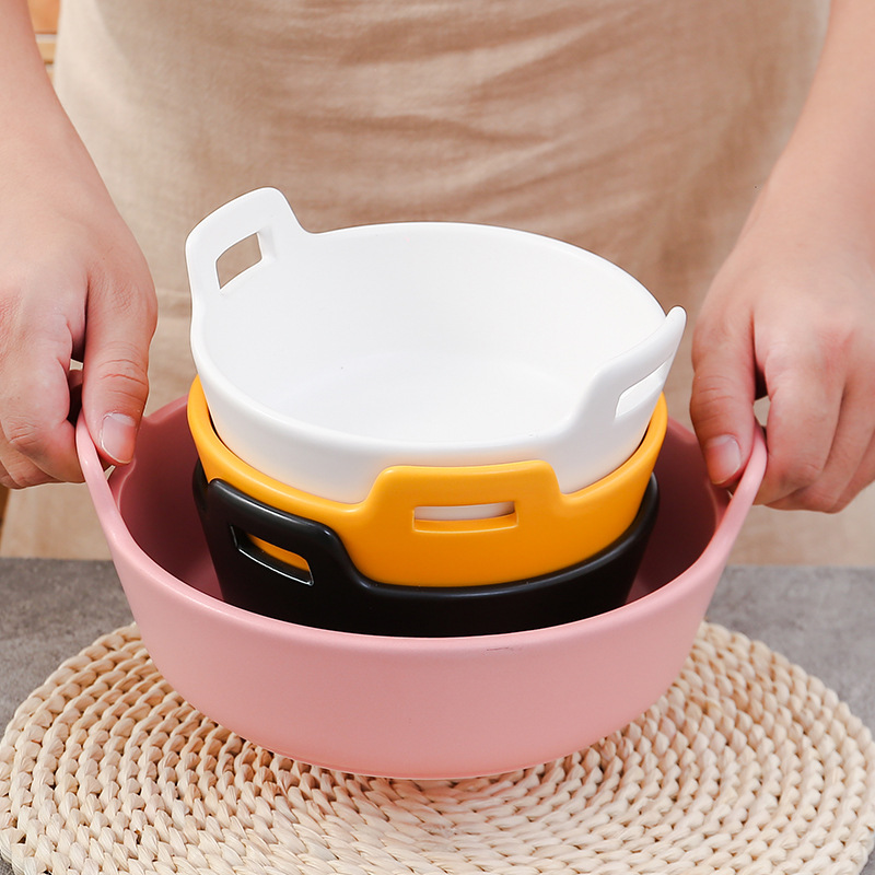 安宜好家日式餐具大号哑光陶瓷双耳碗沙拉碗创意家用水果碗大汤盆