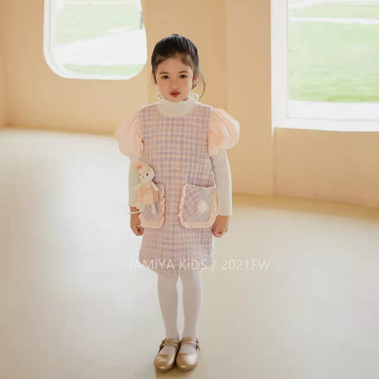 韩国秋冬新品 女童可爱小兔兔粗花呢连衣裙 宝宝礼服呢子裙