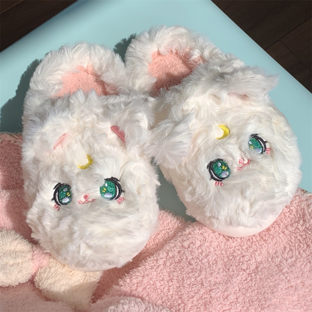 女士家居卧室少女心防滑月子软底鞋冬季韩式可爱小猫毛绒绒棉拖鞋