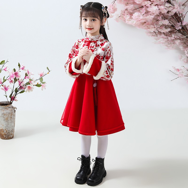 女童唐装冬款加绒夹棉套装儿童古装中国风汉服宝宝新年冬装拜年服