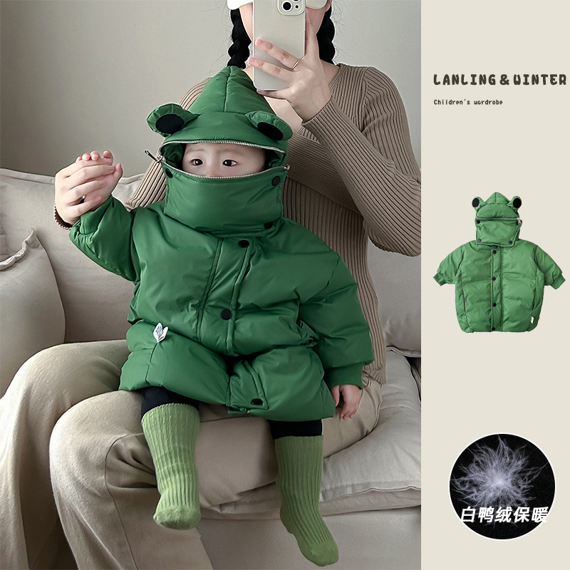 韩版婴儿冬装儿童过膝白鸭绒外套童绿色可拆卸羽绒服中长款