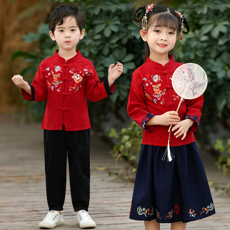 唐装童套装男女表幼儿园宝宝演出服儿童汉服古装中国风童装拜年服