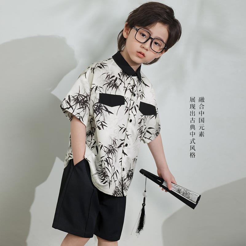 陈大猪男童新中式国风西装短袖套装2024夏季儿童痞帅夏装上衣