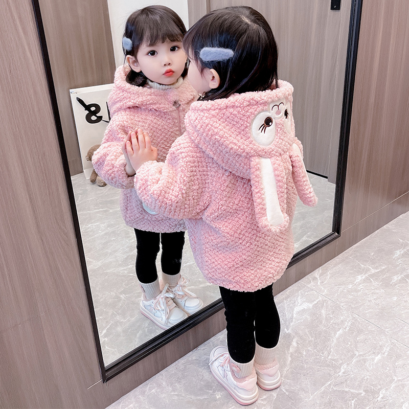 韩版毛毛外套兔新款冬季小童中耳朵宝宝连帽加厚女童秋冬衣上衣