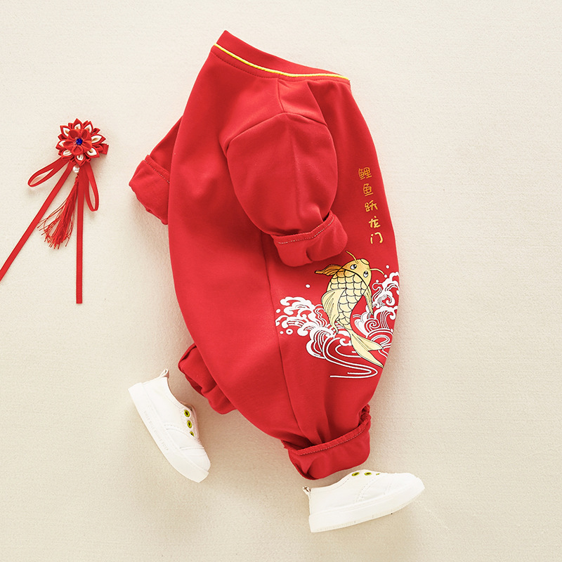 新生儿连体衣女宝宝满月衣服婴幼儿服装锦鲤连体衣中国风婴儿服装