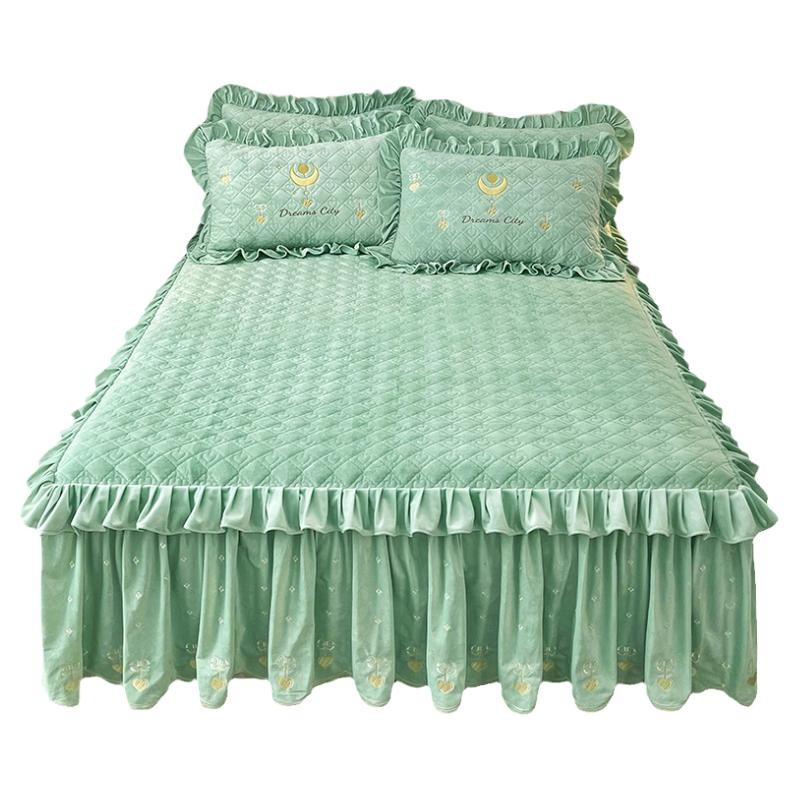 夹棉床裙宝宝绒加厚床罩单件纯色荷叶边防滑床单珊瑚绒婴儿绒冬天