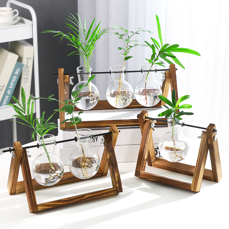 创意木架水培绿萝玻璃花瓶容器盆办公室内桌面绿植现代摆件装饰品