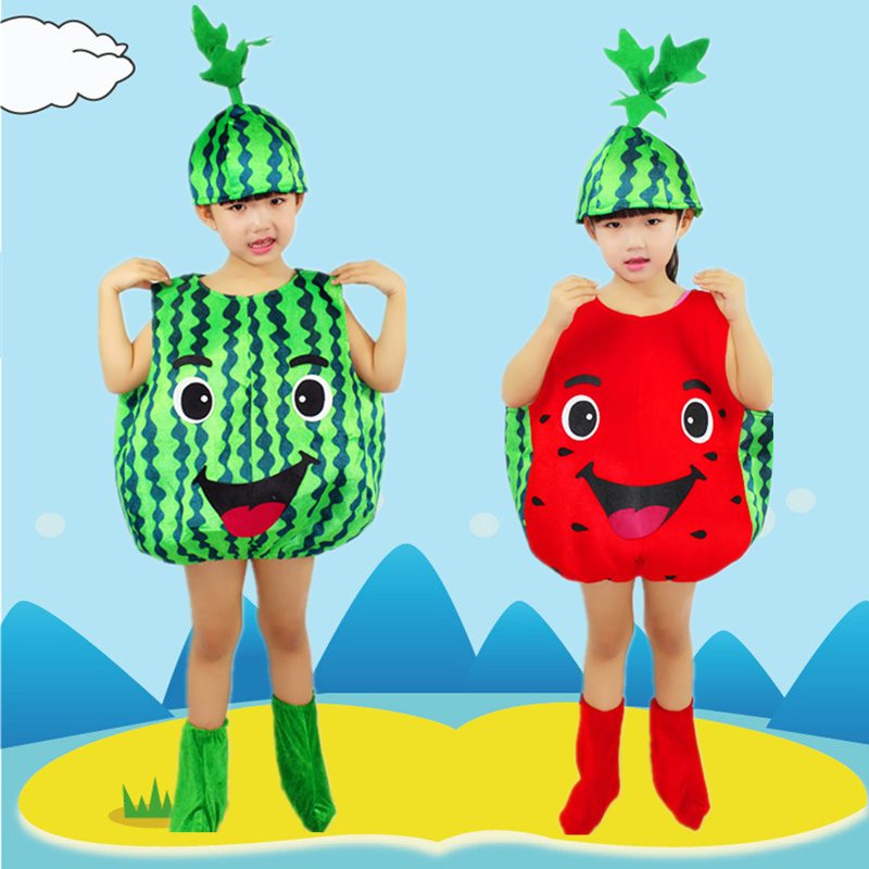 儿童节水果蔬菜演出服红西瓜环保时装衣服儿童手工亲子走秀