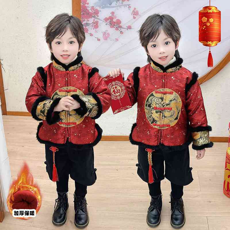 2023新款汉服男童贴布龙套装冬季加厚中国风唐装古装拜年服