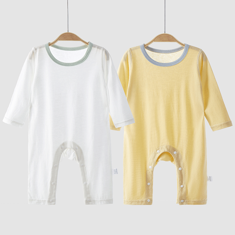婴儿连体衣夏季薄款婴幼儿睡衣莫代尔棉长袖宝宝空调服哈衣爬服新