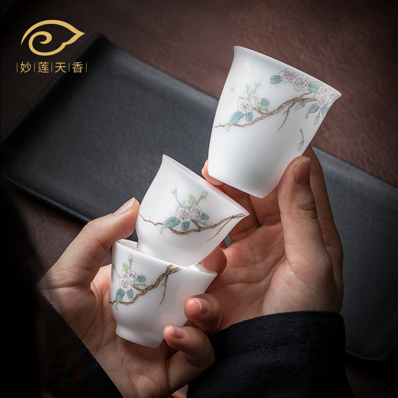 妙莲天香斗彩海棠花冰种玉瓷手绘品茗杯 喝茶专用单杯主人杯茶杯