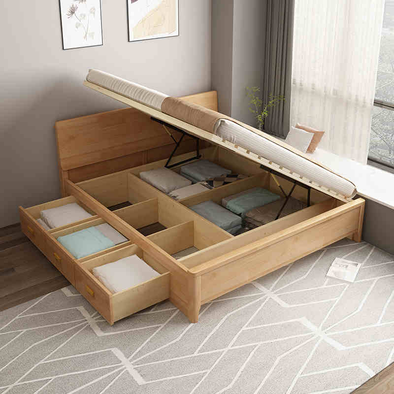 颐屋1.35米储物床实木高箱床侧开气压收纳床小户型1.2单人儿童床