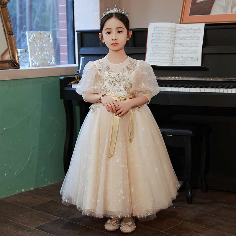 新品女童生日公主裙香槟色小女孩花童儿童主持人礼服钢琴演出服表