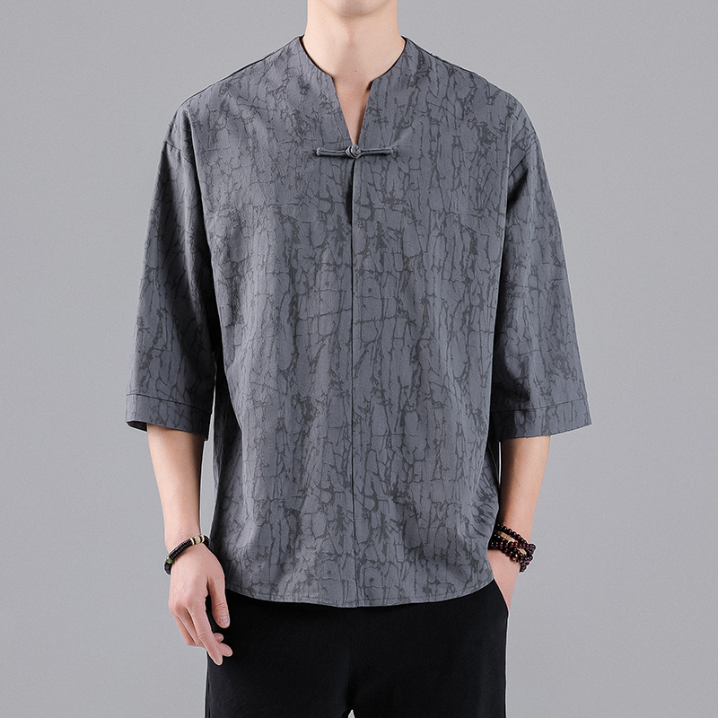 中国风夏季棉麻提花唐装短袖中式复古汉服T恤男宽松大码半袖茶服