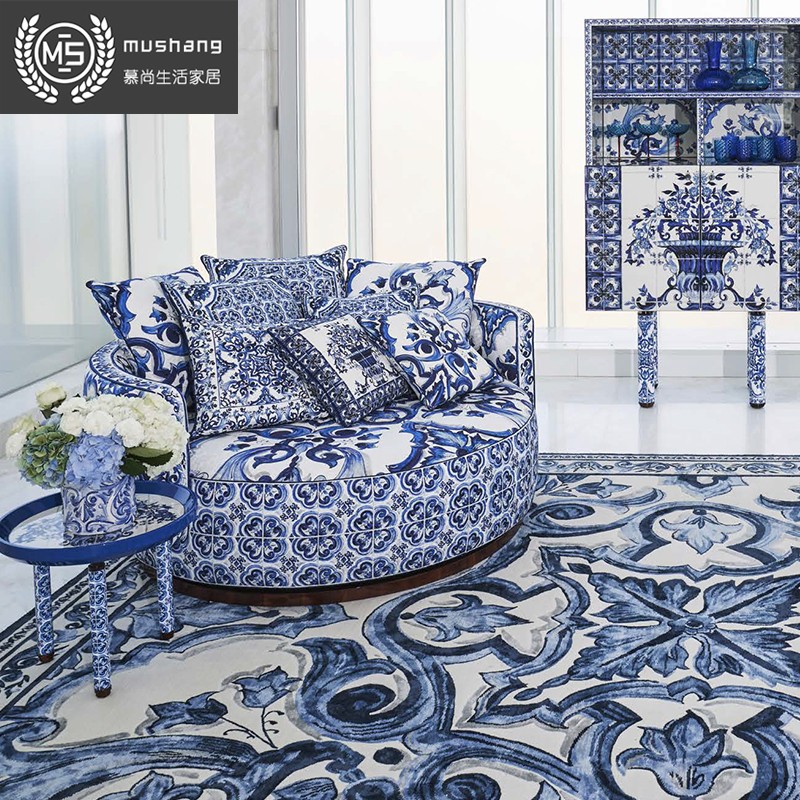 DG杜嘉班纳高端定制意式轻奢青花瓷设计师旋转单人沙发大沙发椅