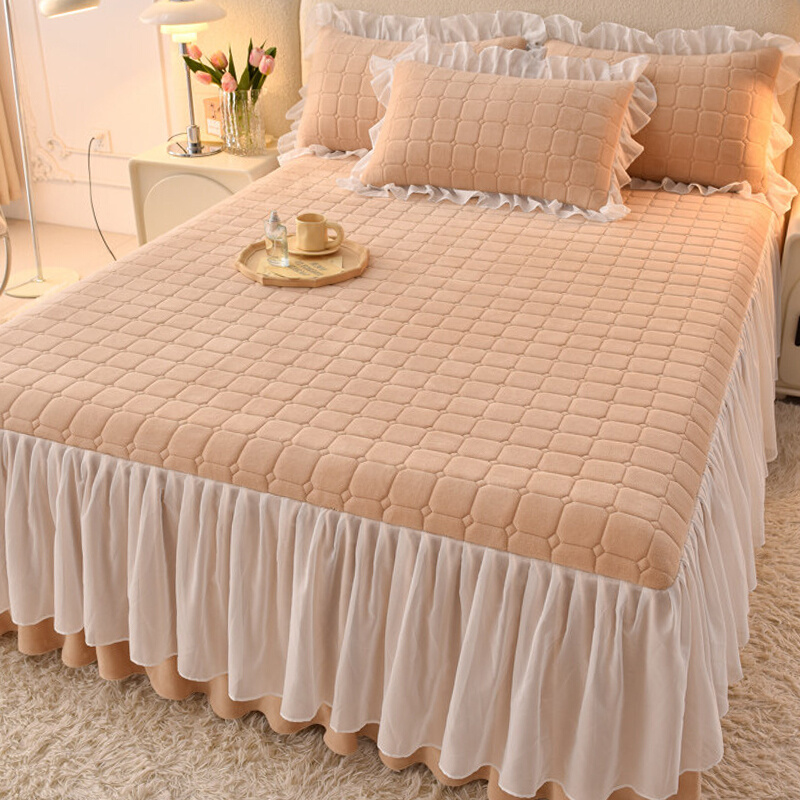 床裙单件牛奶珊瑚绒夹棉加厚床罩款床单带裙边防滑纯色床盖床围裙