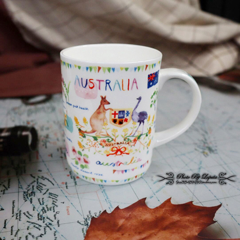 澳洲印象。外贸釉下彩陶瓷骨瓷水彩旅游纪念考拉袋鼠水杯马克杯