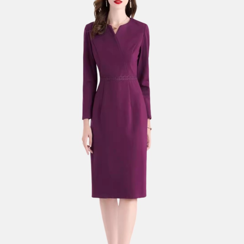 专柜朗姿紫色连衣裙春装新款百搭打底裙时尚显气质修身长袖连身裙